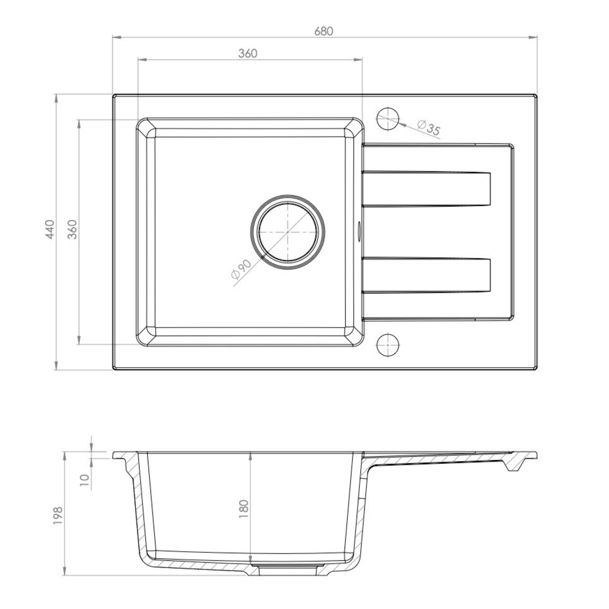 Rysunek techniczny zlewu wpuszczanego FABROS